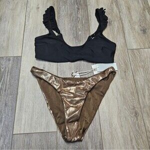 Good American Aerie Mixed Bikini Set Reversible Cheeky Ruffle Top Women's Medium